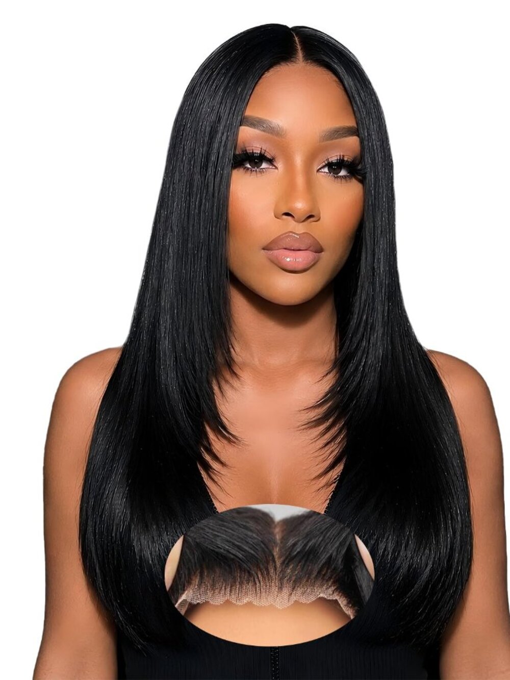 28in Black Straight Layered Glueless Wig 9x6 HD Lace Front Human Hair